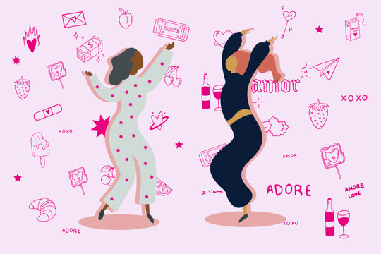 Pink cartoon hand drawn style flat vector design illustration. Dancing women, girls illustration