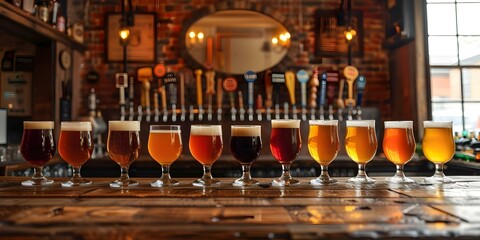 Display of Craft Beer Glasses on a Wooden Bar Showing Variety. Concept Craft Beer Glasses, Wooden Bar, Variety, Display, Beer Tasting