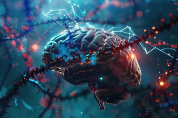 The human brain with neural signals, DNA, futuristic. Blue brain with flashes, signals for advertising, posters, websites - obrazy, fototapety, plakaty