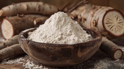 Fototapeta na wymiar Cassava flour and roots in a bowl. Generative AI