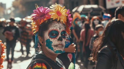Dia de los Muertos, the Day of the Dead in Mexico. Photo of a woman with a painted face in the form...