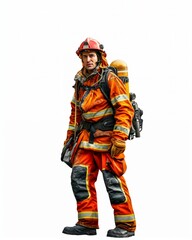 A fireman fighting fire, on isolated white background
