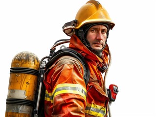 A fireman fighting fire, on isolated white background