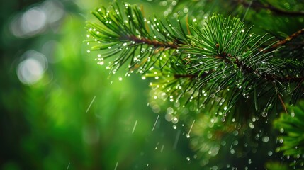 Raindrops on pine branches with a green background.