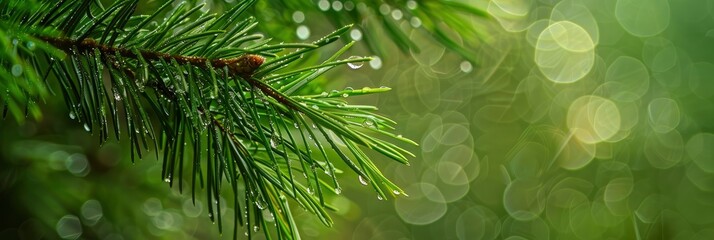 Raindrops on pine branches with a green background.
