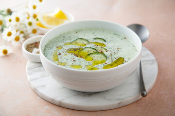 Homemade cold yogurt soup with cucumber