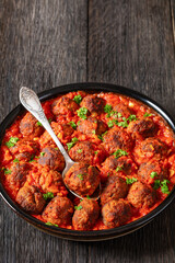 Albondigas, mexican meatballs in dish, top view