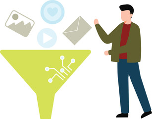 The boy is pointing at the filter through the funnel.