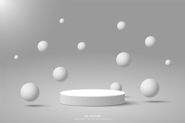 Abstract white grey 3d cylinder podium pedestal or stage for show product with balls floating or bouncing up and down on the air. Round 3D stage scene for showcase. Vector geometric platforms design.
