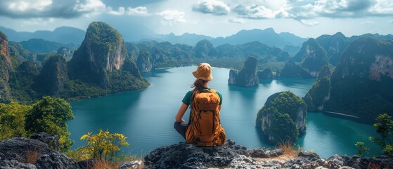 Hiker overlooking a tranquil lake nestled among majestic mountains, capturing the essence of adventure, outdoor exploration, and the joy of hiking