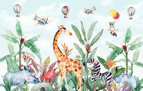 children's picture of animals elephant, giraffe, rhinoceros, flamingo against the background of palm trees with airplanes and balloons