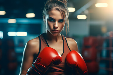 Close up of beautiful woman with in boxing gloves looking at the camera, ready to fight pose - obrazy, fototapety, plakaty