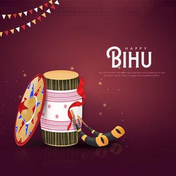 Greeting background with drum (dhol, onoinya) decorated with gamosa, japi (bamboo hat) and pepa (horn) for North Indian Assamese New Year (and harvest) festival Rongali (Bohag) Bihu. Vector.