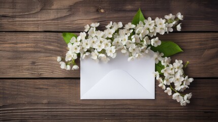 An envelope with a letter and spring flowers on a wooden background. The idea of a holiday card for lovers. A congratulatory letter and a message.