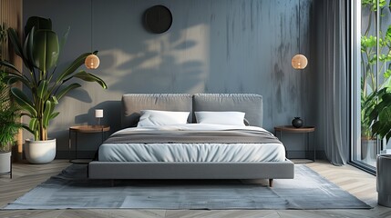 Modern bedroom interior with a comfortable bed and minimalist decor. Interior design and lifestyle concept