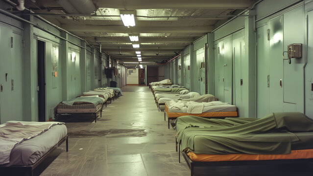 Sleeping quarters for homeless people in temporary shelter. Long hall with beds by walls lit by led lamps. Interior of empty flophouse