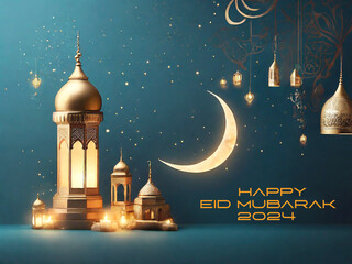 islamic greeting eid mubarak card design with lantern, masque and crescent moon, generative ai - obrazy, fototapety, plakaty