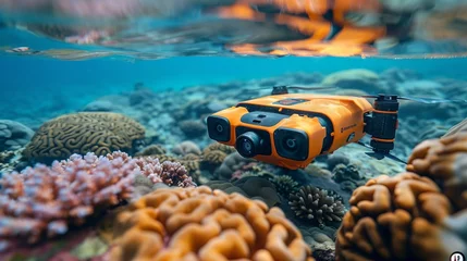 Fototapeten Yellow Underwater Camera on Coral © Emiliia