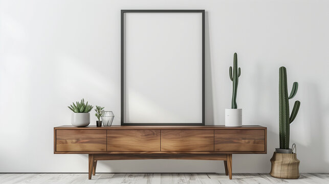 mockup of an empty poster frame hanging above a clean white living room wooden sideboard with cactus plants, Ai generated Images