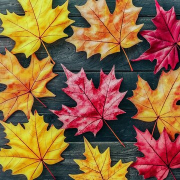 Colorful autumn leaves, yellow, orange and red over a wooden background