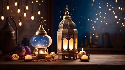 Fototapeta na wymiar Celebration of Eid-ul-Adha: Arabic Ramadan lantern lighting a wooden table adorned with a crescent moon and stars
