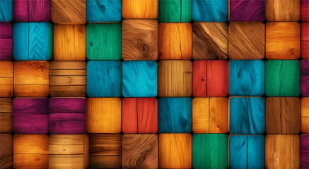  3D Rainbow various wood pieces creating an interesting pattern like saqure. colorful wooden square cubes