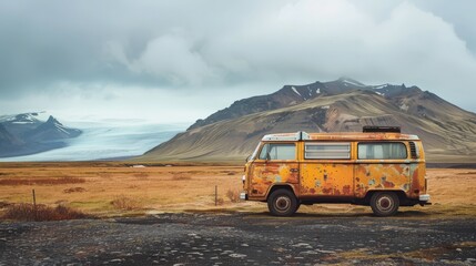 Vintage camper van parked on a desolate road with majestic mountains and a glacier in the background, evoking adventure and travel.