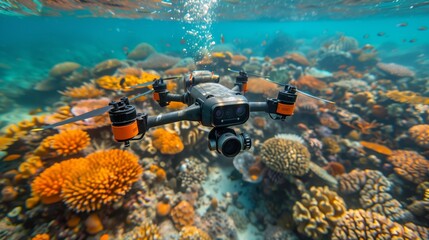 Naklejka na ściany i meble Camera Mounted Atop Another Camera on Coral Reef