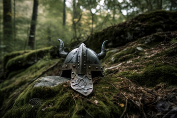 Fototapeta premium Exploring the Mystical Norwegian Forest with a Viking Helmet