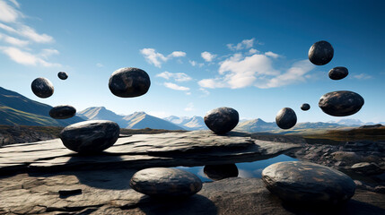 Floating in Harmony: Photorealistic Black Stones Balancing Mid-Air at a Low Angle