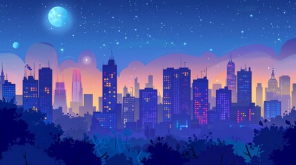 A digital illustration of a futuristic cityscape under a starry sky, blending urban architecture with dreamy cosmic elements.
