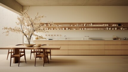 Modern Japanese-Inspired Home Interior Design. A contemporary Japanese home interior natural wood, minimalist aesthetics, tranquil living space.