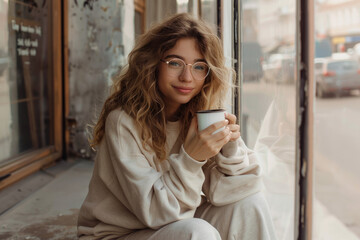 Portrait of a beautiful smiling woman holding a coffee cup, wearing glasses and a beige sweatshirt sitting by a window