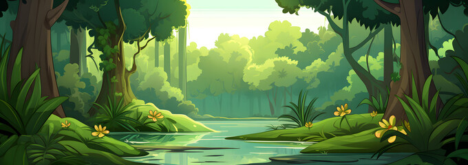 Cartoon background of a dense forest or park with a pond