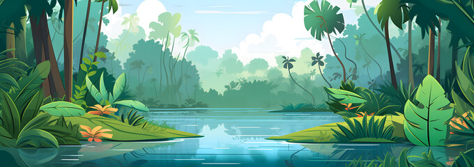 Jungle forest with trees and pond cartoon background, illustration of tropical landscape