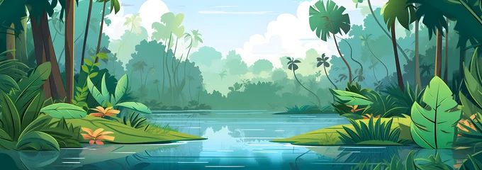 Photo sur Aluminium Vert bleu Jungle forest with trees and pond cartoon background, illustration of tropical landscape