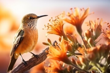 Close up portrait of hummingbird on flower with jungle background, wildlife nature concept