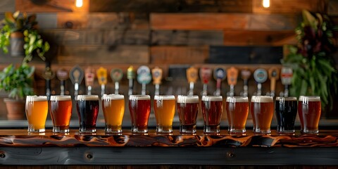 Close-up shot of a row of assorted craft beer pints on tap at the bar. Concept Craft Beer, Beer Selection, Bar Scene, Taps, Close-up Shot