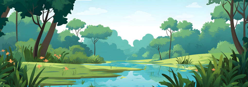 Jungle forest with trees and pond cartoon background, illustration of tropical landscape
