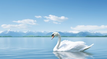 Obraz premium Tranquil landscape with graceful swan peacefully floating on serene and calm lake