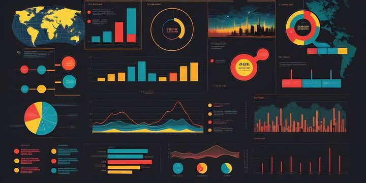 a set of colorful info graphics on a dark background, in the style of masterpiece, cinematic