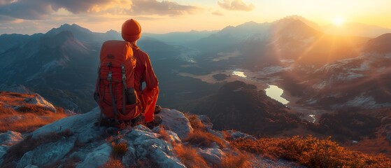 hiker in vibrant attire admires the sunrise over mountains, encapsulating the essence of adventure, travel, and the great outdoors - obrazy, fototapety, plakaty