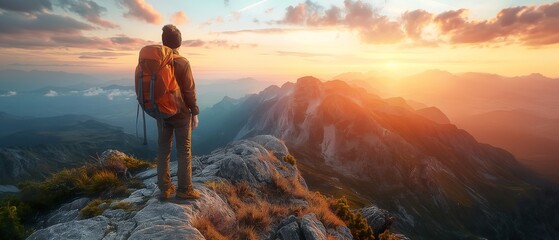 hiker in vibrant attire admires the sunrise over mountains, encapsulating the essence of adventure, travel, and the great outdoors