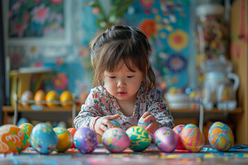 Fototapeta na wymiar A young child is creatively adorning Easter eggs with vibrant colors.
