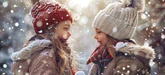 Two cute little girls in winter coats and hats building snowmen, having fun playing outside on Christmas Eve. Winter background with falling snowflakes