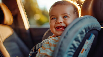 un bébé souriant installé dans un siège auto et attaché à l'arrière d'une voiture