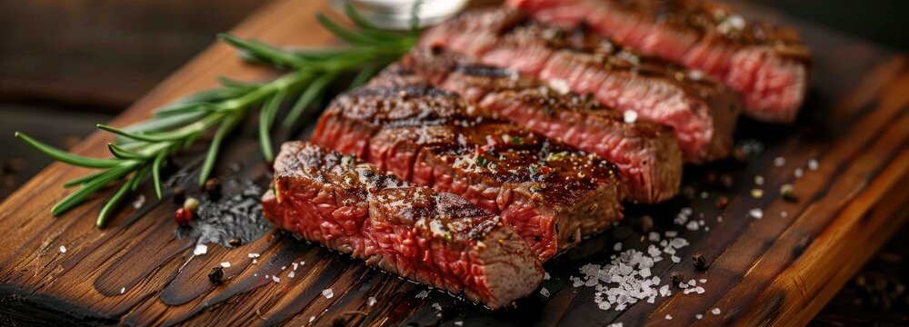Perfectly grilled and sliced beef steak on a wooden board