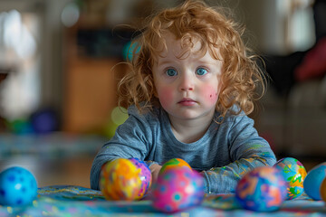 Fototapeta na wymiar A young child is creatively adorning Easter eggs with vibrant colors.