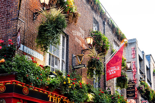 The picturesque wall of well-known Temple Bar Pub on Temple Lane, with flowers and a Guinness vintage sign, Temple Bar district, Dublin