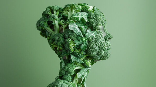 Sculptural image of a human face sculpted from vibrant broccoli florets against a solid green background for a striking effect